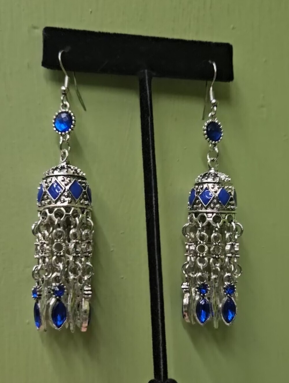 Chandelier Earrings Blue Rhinestones and Silver Jhumkas Diwali Bollywood